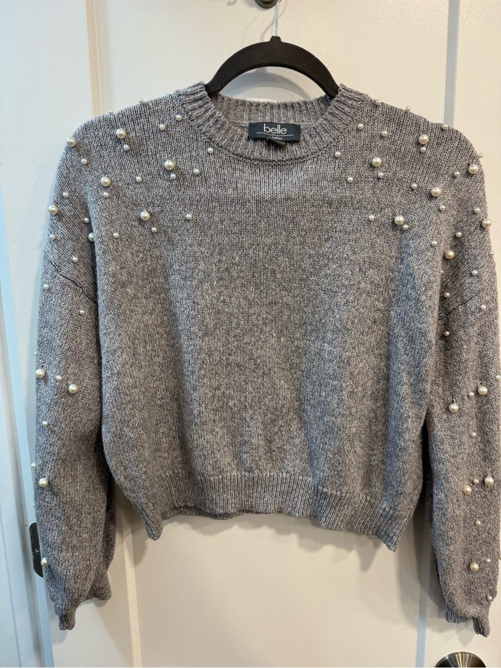 Belle Grey Pearl-Accent Crewneck Sweater